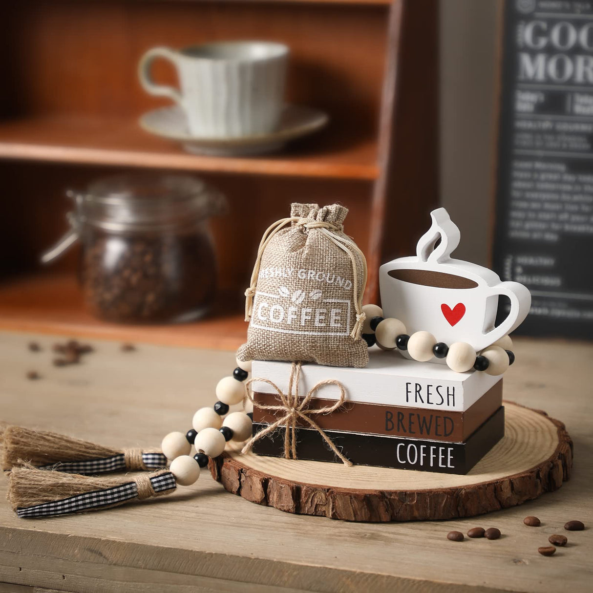 6 PCS Coffee Bar Decor Mini Coffee Bar Accessories Coffee Bar Sign Coffee Tiered Tray Decor Coffee Wooden Book Stacks Rustic Farmhouse Coffee Table Sign WODOHOLO
