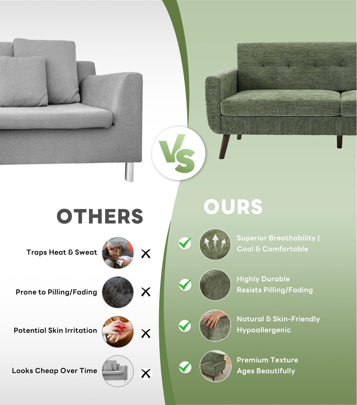 Tbfit 77.2" W Linen Sofa Couch, Mid Century Modern Decor Loveseat Couches for Living Room, Button Tufted Upholstered Small Couch for Bedroom, Solid, and Easy to Install Love Seats Furniture, Green Tbfit