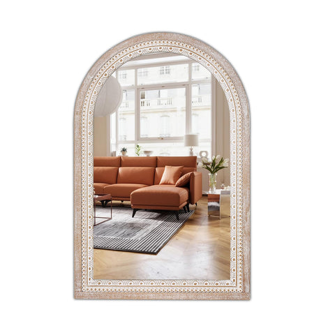 Arched Mirrors Decorative Wall Mirror - 36x24'' Farmhouse Bathroom Mirror Distressed Wooden Living Room Mirrors with Beaded Boho Accent Mirror for Hallway, Entryway - Vertical/Horizontal Reflinto