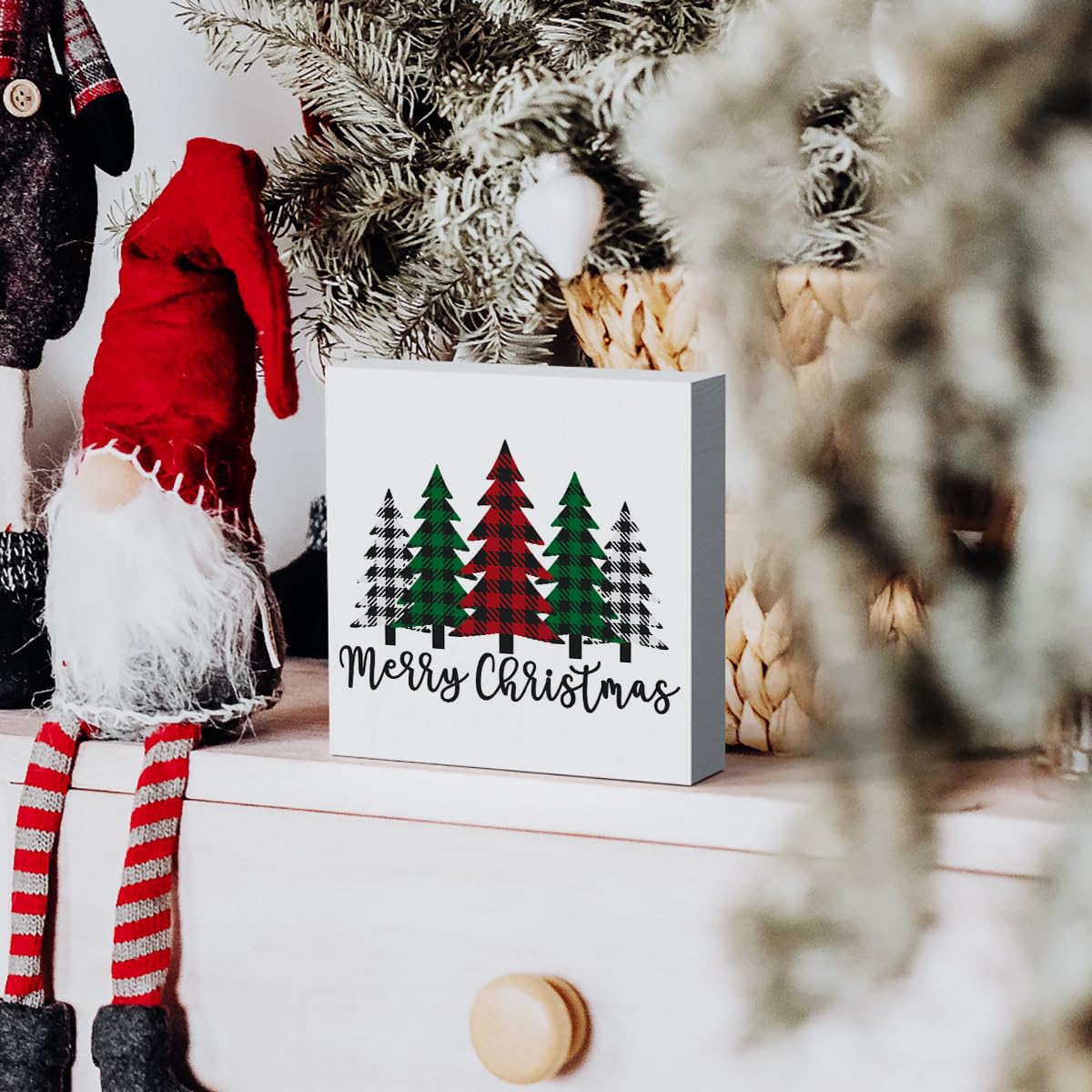 Funny Christmas Trees Wooden Box Sign Plaque Merry Christmas Wood Box Sign Rustic Art Home Shelf Desk Decor 5 x 5 x 1 Inches Woght