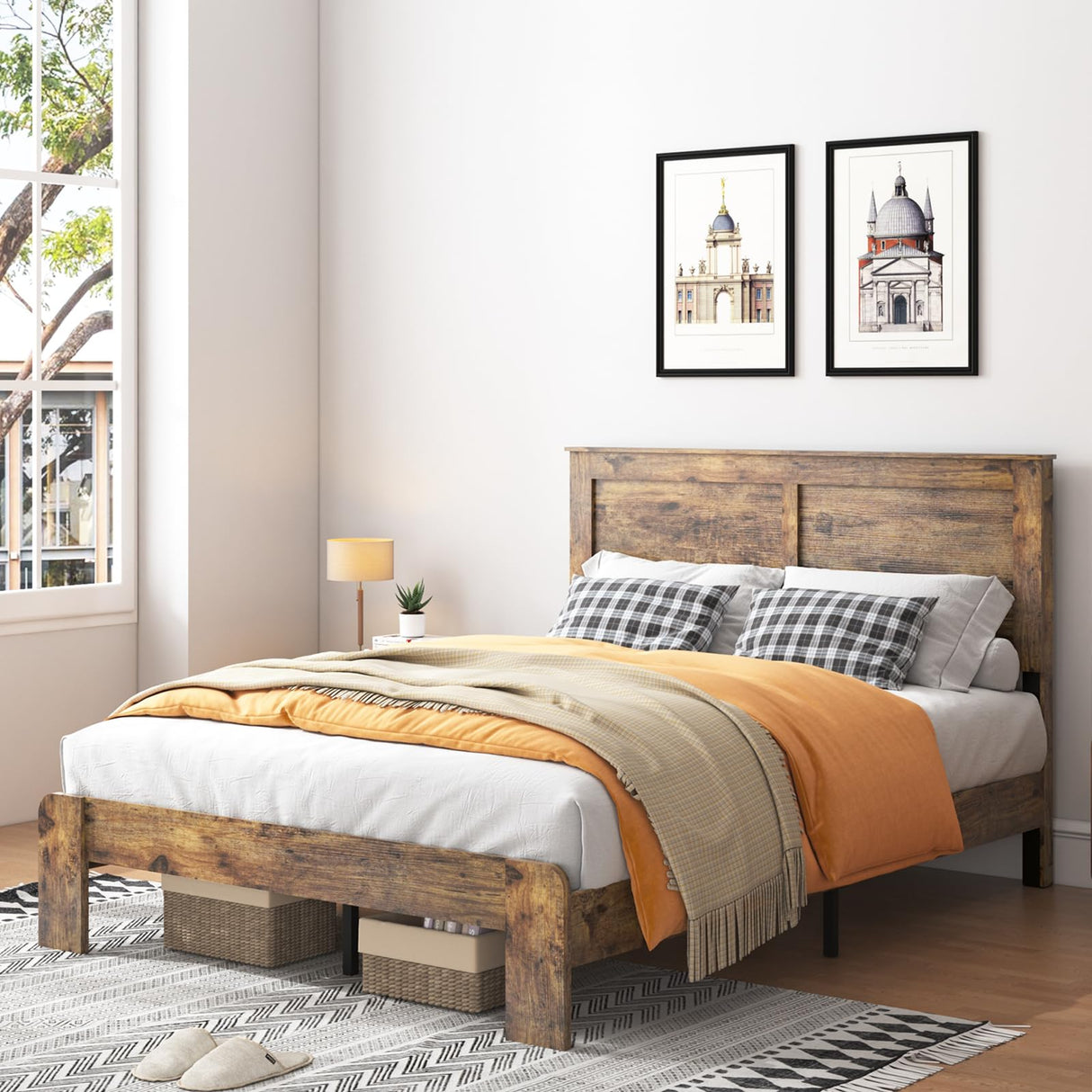 YHJIV Wood Full Bed Frame with Headboard, Rustic Platform Bed Frame with 12 Wood Slats Support, No Box Spring Needed (Vintage Brown, Full) YHJIV