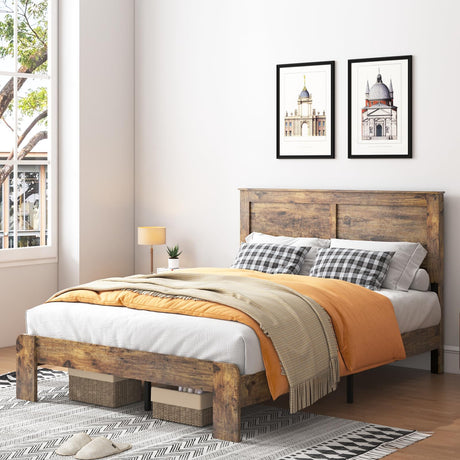 YHJIV Wood Full Bed Frame with Headboard, Rustic Platform Bed Frame with 12 Wood Slats Support, No Box Spring Needed (Vintage Brown, Full) YHJIV