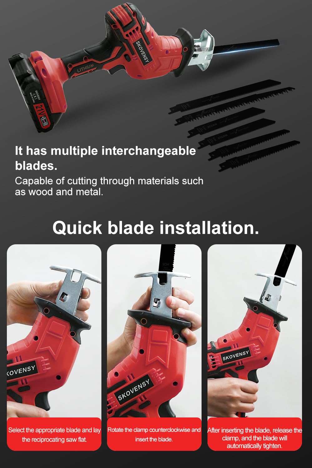 Cordless Reciprocating Saw for Home & Outdoor Use, 2×2.0Ah Batteries, Variable Speed, Red Compact Saw Kit with Blades for Wood/Metal/PVC Cutting – Ideal for DIYers & Gardeners in All Seasons SKOVENSY