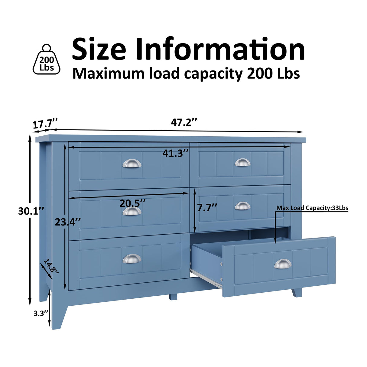 Cakhdry Dresser for Bedroom, 6 Drawer Dresser, Wide Chest of Drawers for Closet,TV Stand with Sturdy Frame and Wood Top, Easy Pull Handles for Clothes, Living Room, Hallway, Entryway,Light Blue Cakhdry