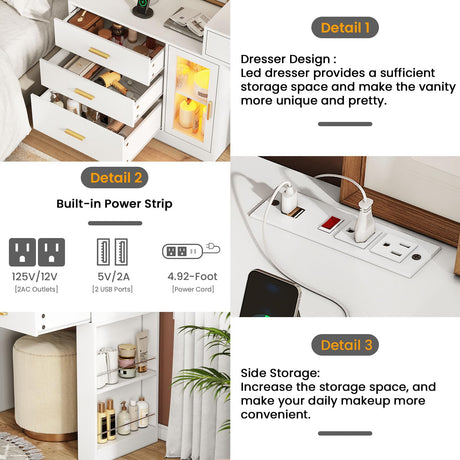AOGLLATI Makeup Vanity Desk with Mirror and Lights & Charging Station, White Vanity Table with 3 Drawers LED Dresser, Makeup Desk with 3 Lighting Modes, 5 Drawers and Cabinet Storage AOGLLATI