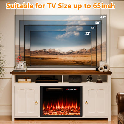 PUKAMI 58" Fireplace TV Stand with 23" Electric Fireplace Up to 65" TVs, 29" Tall Farmhouse Wood Entertainment Center with Open Storage Shelves with Cabinets, Media TV Console for Living Room (Brown)