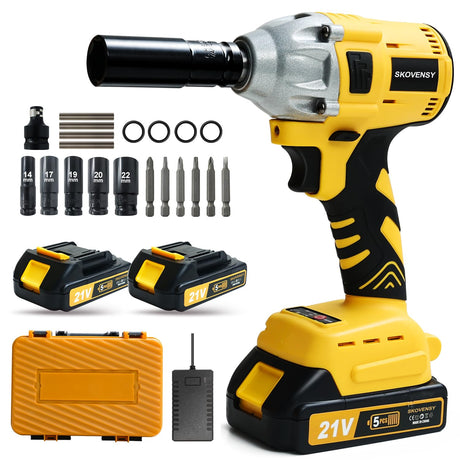 Cordless Impact Wrench for Car Repair & Home Use, 1/2" Electric Brushless Impact Gun with 2 Batteries & 5 Sockets, Heavy Duty Tool Kit for Men, All-Season DIY, Yellow-A, Medium Size SKOVENSY
