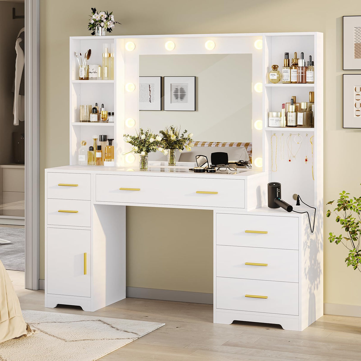 Hasuit 48.8'' Large Vanity Desk with Lighted Mirror & Power Outlet, White Makeup Vanity Table with 6 Drawers, 4 Shelves and 1 Storage Cabinet, Glass Tabletop Bedroom Dressing Table, 3 Lighting Modes Hasuit