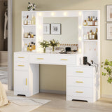 Hasuit 48.8'' Large Vanity Desk with Lighted Mirror & Power Outlet, White Makeup Vanity Table with 6 Drawers, 4 Shelves and 1 Storage Cabinet, Glass Tabletop Bedroom Dressing Table, 3 Lighting Modes Hasuit