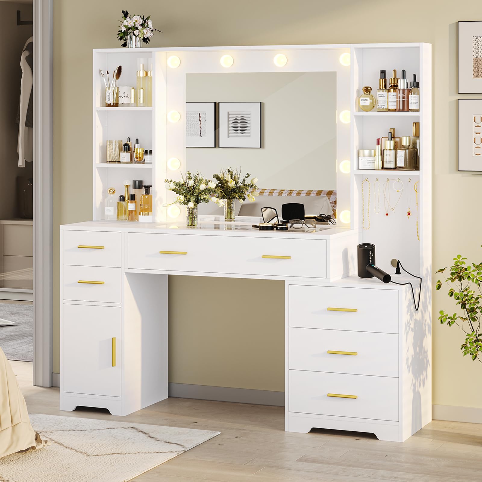 Hasuit 48.8'' Large Vanity Desk with Lighted Mirror & Power Outlet, White Makeup Vanity Table with 6 Drawers, 4 Shelves and 1 Storage Cabinet, Glass Tabletop Bedroom Dressing Table, 3 Lightin - WoodArtSupply