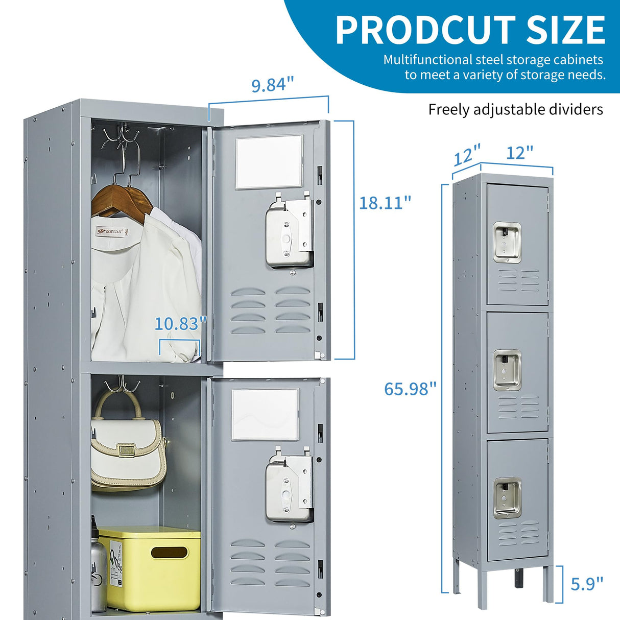 FLIXELIO Metal Lockers for Employees 66" H Tall Storage Locker with Lock Gym Locker Cabinet with 3 Doors Steel Wardrobe for Office Home School Staff Assembly Required FLIXELIO