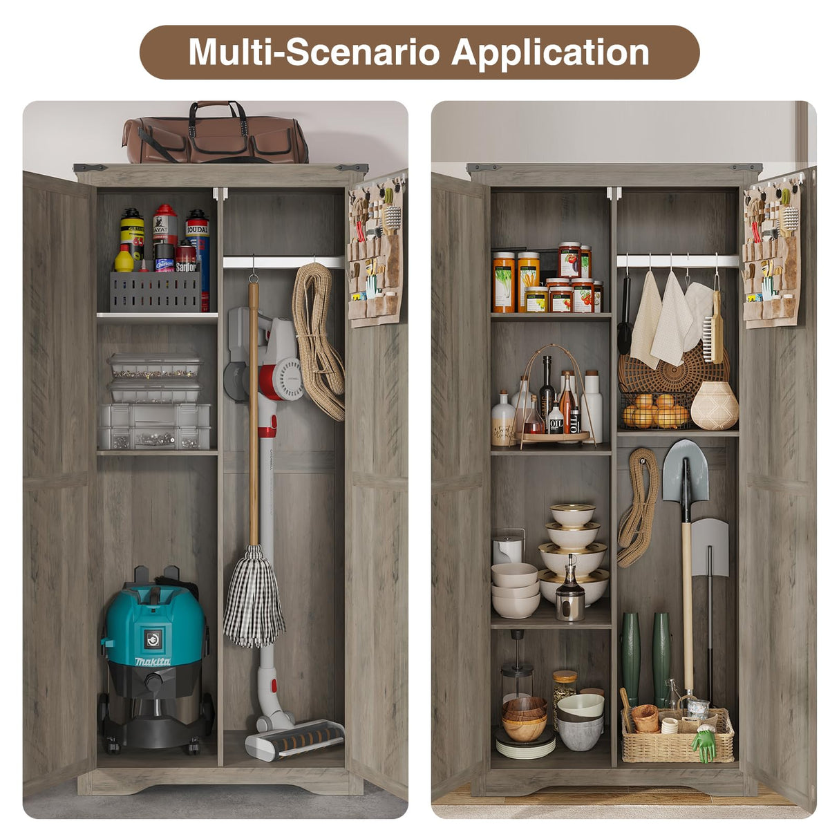 Befrases Farmhouse Rustic Grey Storage Cabinet with Adjustable Shelves, Large Pantry Organize with 2 Barn Doors, Tall Freestanding Cabinet for Kitchen, Bathroom/Garage/Basement/Living/Utility Room Befrases