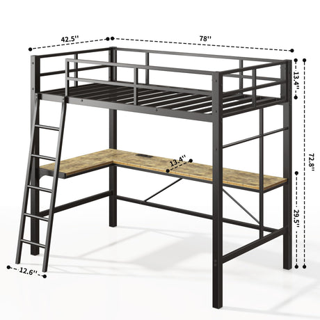 SogesSleep Loft Bed Twin Size with L-Shaped Desk, Heavy Duty Metal Twin Loft Bed with Charging Station, Safety Guard & Ladder, Space-Saving, No Box Spring Needed SogesSleep