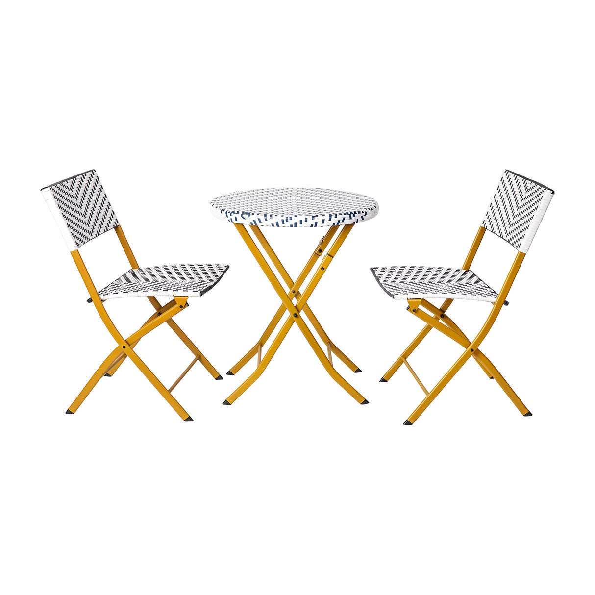 EMMA + OLIVER Ciel Three Piece Folding Bistro Set - Navy and White PE Rattan - Natural Finish Metal Frames - Indoor/Outdoor Use EMMA + OLIVER