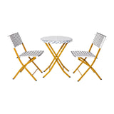 EMMA + OLIVER Ciel Three Piece Folding Bistro Set - Navy and White PE Rattan - Natural Finish Metal Frames - Indoor/Outdoor Use EMMA + OLIVER