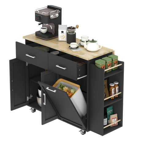Osfvolr Rolling Kitchen Island with Storage, 2 Drawers, Kitchen Island with Drop Leaf, Kitchen Islands Carts W/ 3 Spice Rack Shelf, Tilt Out Cabinet, Pet Proof Trash Can, Black Osfvolr