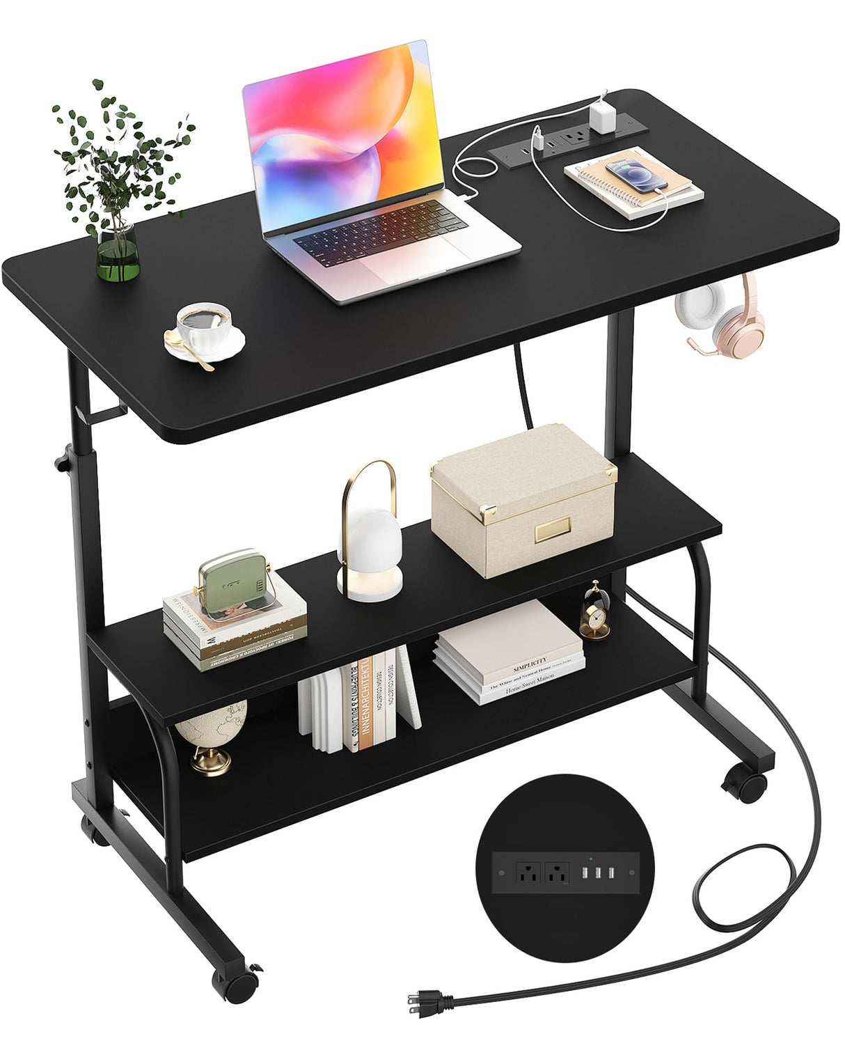 Height Adjustable Standing Desk with Power Outlets, 32" Manual Stand Up Desk with Storage Shelves Small Mobile Rolling Computer Desk Portable Laptop Table with Wheels for Home Office, Black armocity