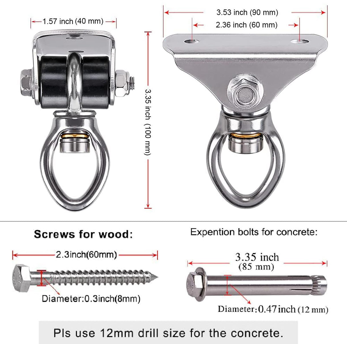 Stainless Steel Punching Bag Hanger with Bearing Heavy Bag Ceiling Mount Hardware 1000 LB Capacity 360° Swivel Hook for Boxing Bag Hanging Hardware Heavy Bag Hanger Mount Hooks with Carabiner BeneLabel