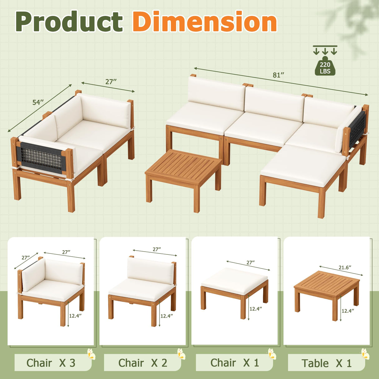 Devoko 7 Piece Acacia Wood Patio Sofa, Outdoor Sectional Coach and Love Seat with Coffee Table, Acacia Wood Patio Furniture Set for Balcony,Porch,Garden Devoko