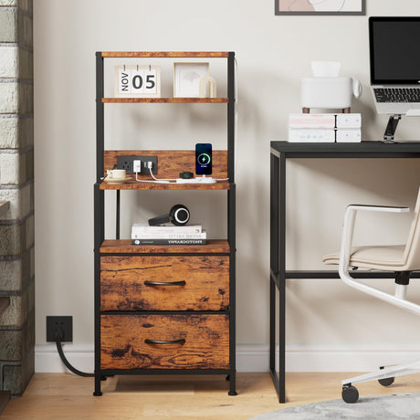 Furnulem Night Stand, Tall Nightstand with 4-Tier Shelves, 2 Fabric Drawers and Light Tube, Bed Side Tables with Charging Station, Bedside Table for Bedroom, Office, Rustic Brown Furnulem