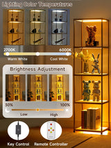 MANBUR Display Shelf with Dimmable LED Floor Lamp, Display Cabinet with Glass Bookcase, Home Decor, Bedroom Decor, Bookshelf with Light, Open Book Shelf with 5-Tier Shelf for Living Room Decor Gold MANBUR