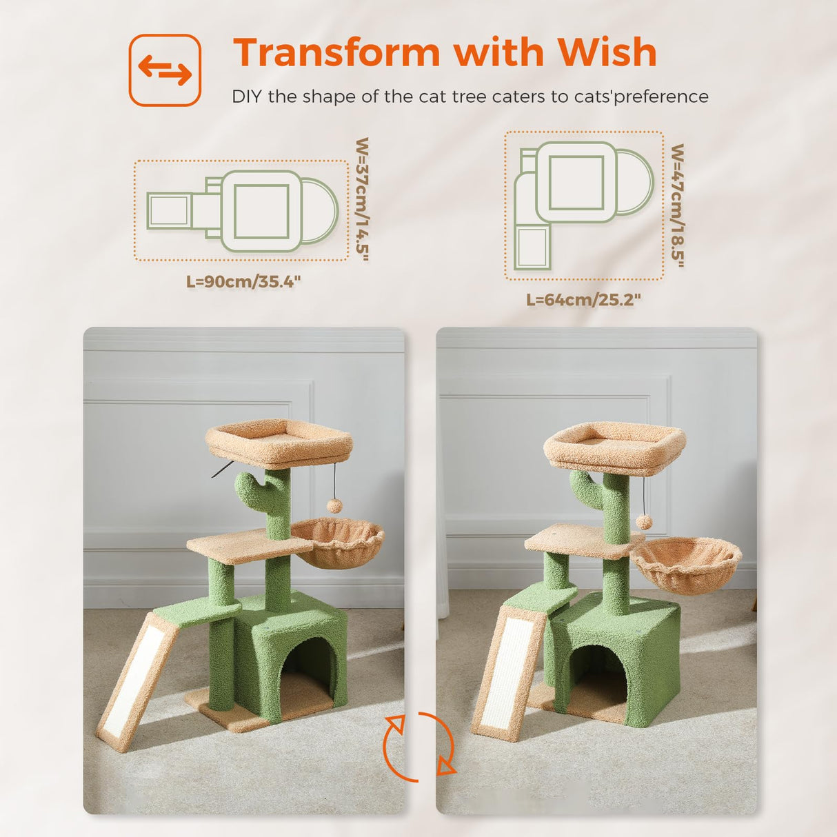 PETEPELA Cactus Cat Tree for Indoor Cats, 32'' Small Cat Tower Cat Condo with Sisal Scratching Ramp, Cozy Hammock and Removable Top Bed Perch for Kittens, Green PETEPELA