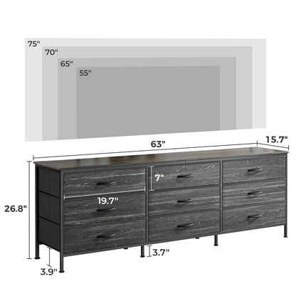 Huuger 9 Drawer Dresser, 63 Inch Dresser TV Stand for 55, 65, 70 Inch TV, Entertainment Center with Drawers, Large Long Fabric Dresser for Bedroom, Closet, Charcoal Black Wood Grain Print,8730D