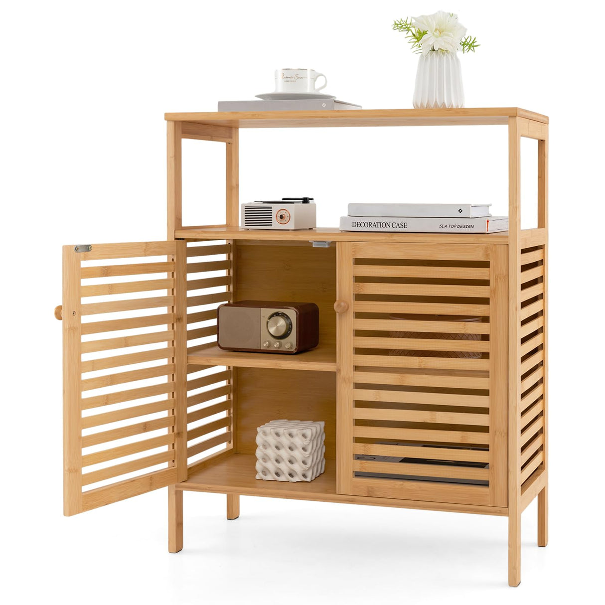 LOKO Bamboo Bathroom Cabinet, Freestanding Storage Organizer with Double Shutter Doors, Removable Shelf, Open Shelves, Non-Slip Foot Pads, Multifunctional Floor Cabinet for Entryway, Living Room LOKO