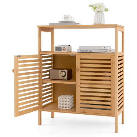 LOKO Bamboo Bathroom Cabinet, Freestanding Storage Organizer with Double Shutter Doors, Removable Shelf, Open Shelves, Non-Slip Foot Pads, Multifunctional Floor Cabinet for Entryway, Living Room LOKO