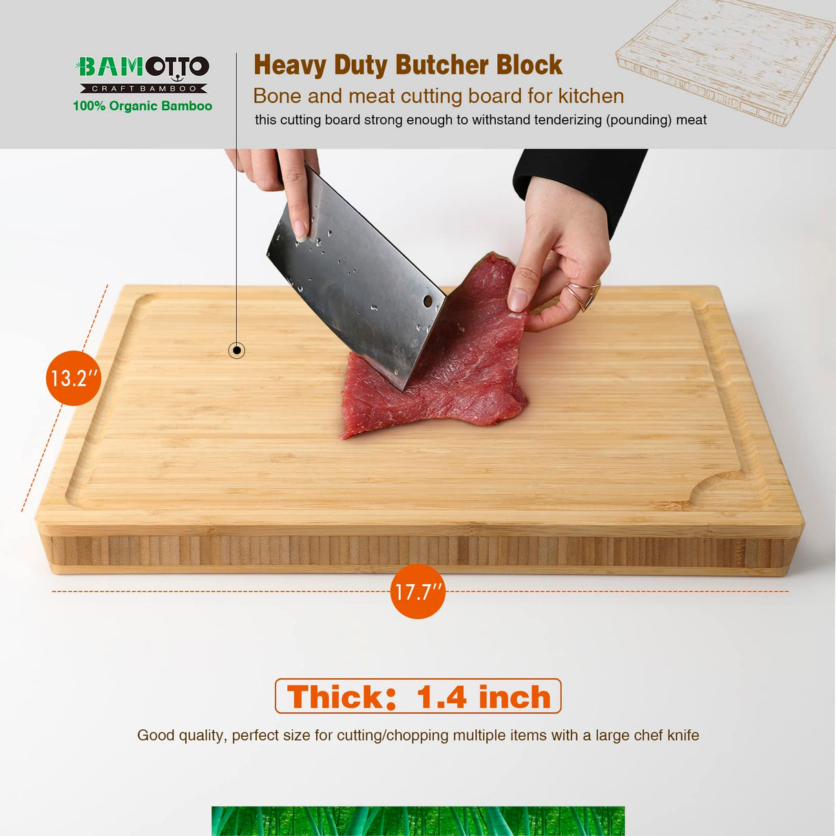 BAMOTTO 1.4" Thick Bamboo Cutting Board, Kitchen Heavy Duty Butcher Block Chopping Board with Juice Groove, for Meat, Turkey, Pork Ribs & Vegetables, 100% Organic Bamboo, 17.7" x 13.2" BAMOTTO CRAFTBAMBOO