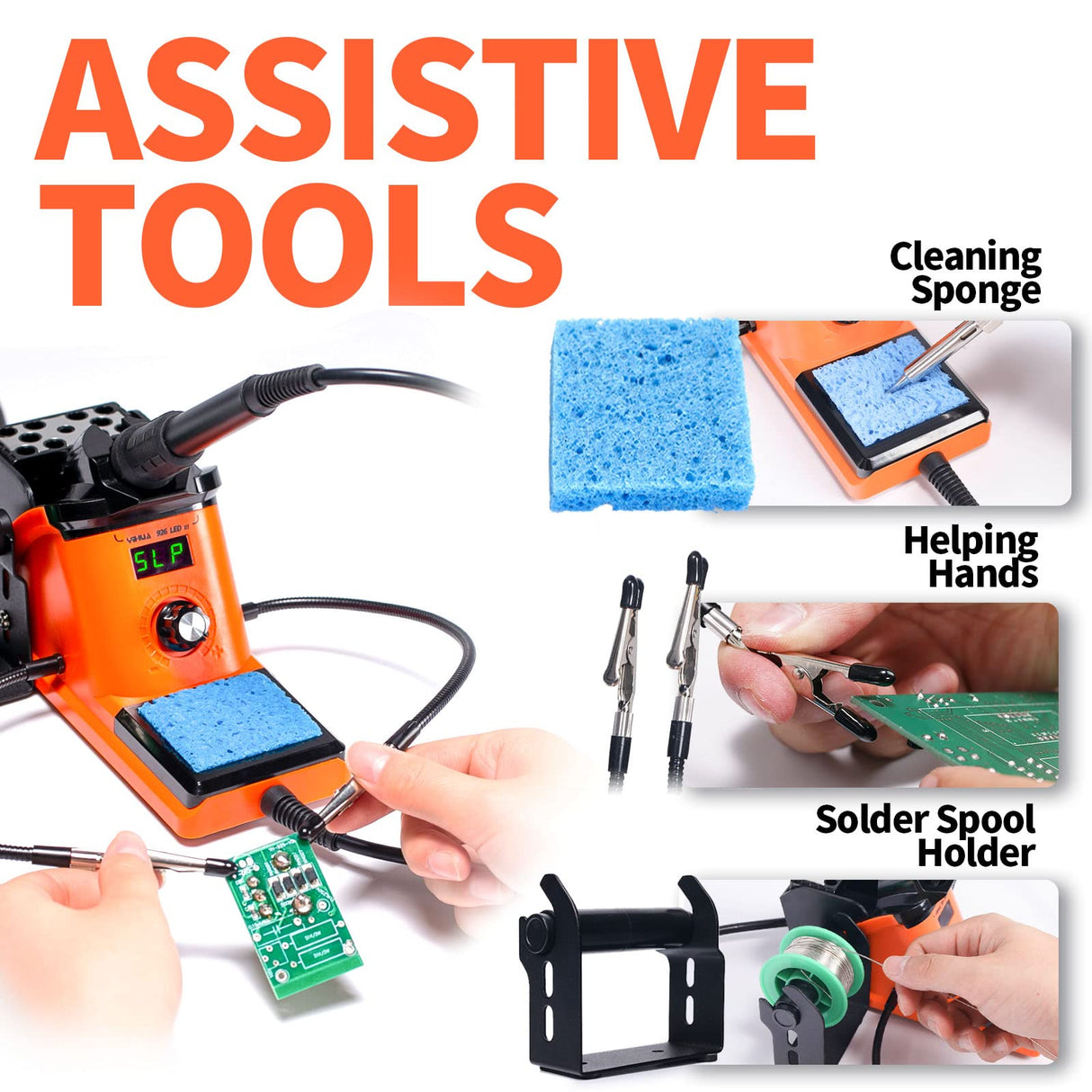 YIHUA 926 III 60W LED Display Soldering Iron Station Kit w 2 Helping Hands, 6 Extra Iron Tips, Roll of Lead-Free Solder, Solder Sucker, S/S Tweezers, °C/ºF Conversion, Auto Sleep & Calibration Support YIHUA
