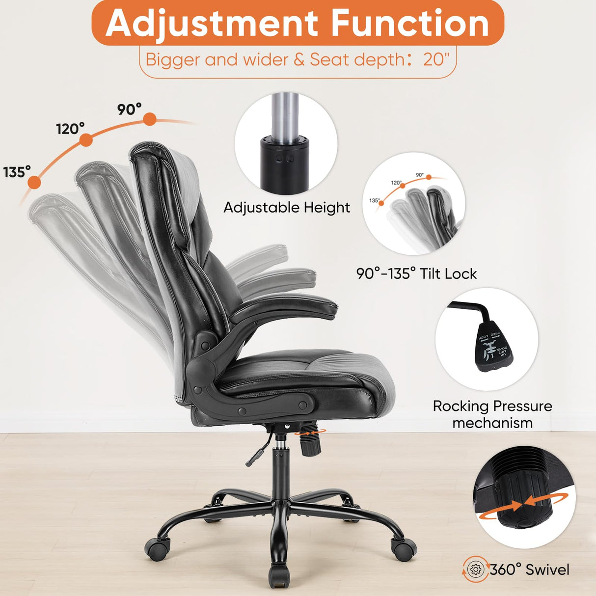 Sweetcrispy Computer Gaming Chair, Ergonomic Office Chair Heavy Duty Task Desk Chair with Flip-up Arms, PU Leather, Adjustable Swivel Rolling Chair with Wheels, Black Sweetcrispy