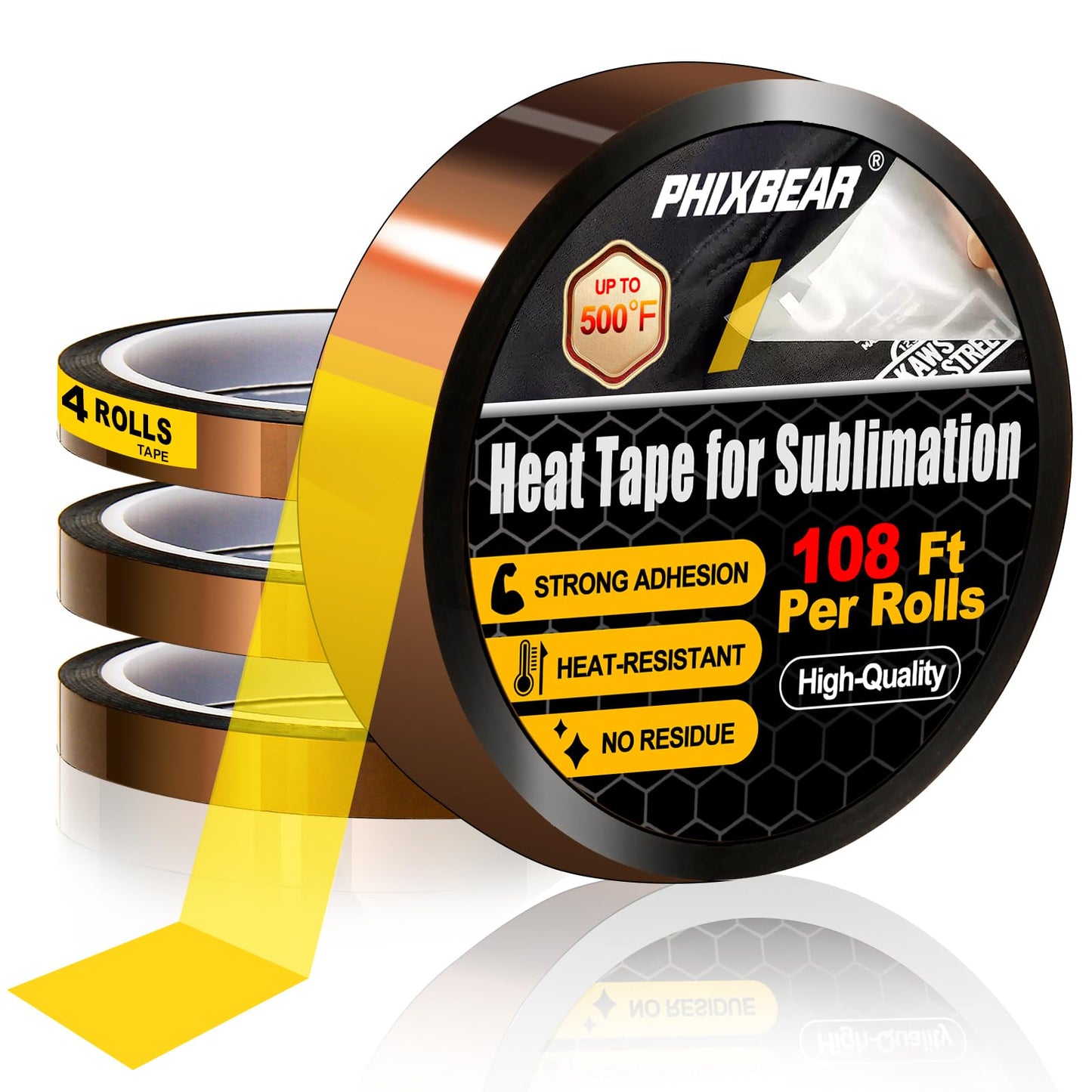 PHIXBEAR Heat Tape for Sublimation - 4 Rolls 433 Ft Heat Resistant Tape, No Residue - Fits Heat Press, Electronics, Mug, T-Shirts - Heat Transfer Tape & Kapton Tape - Width 0.79in & 0.39in