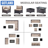 Gotland 8 Pieces Patio Furniture Set with 55000BTU Fire Pit Table, 6 Seater Wicker Patio Set with 29.5'' High Backrest Thick Cushions 1 Coffee Tables for Porch, Deck, Garden Khaki Gotland