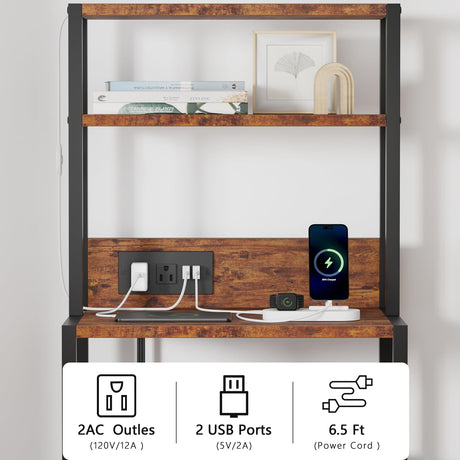 Furnulem Night Stand, Tall Nightstand with 4-Tier Shelves, 2 Fabric Drawers and Light Tube, Bed Side Tables with Charging Station, Bedside Table for Bedroom, Office, Rustic Brown Furnulem