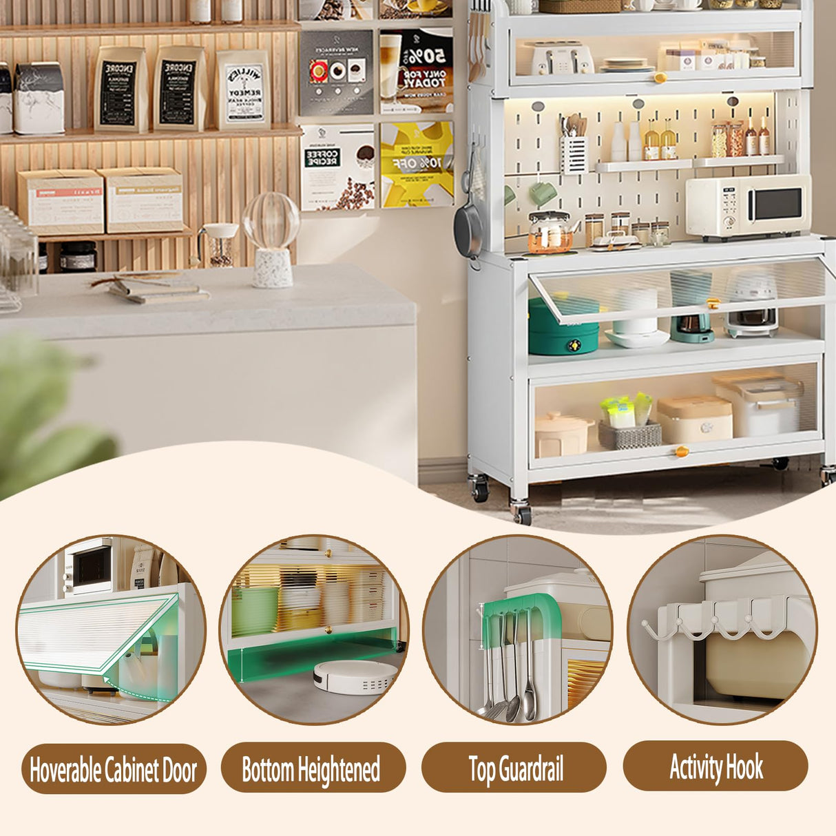 TVMCNA 63" Tall Kitchen Pantry Storage Cabinet, Large Capacity Hutch Cabinet with Acrylic Doors and Microwave Stand, Bakers Racks with Storage for Kitchens, Pantry, Living Room TVMCNA