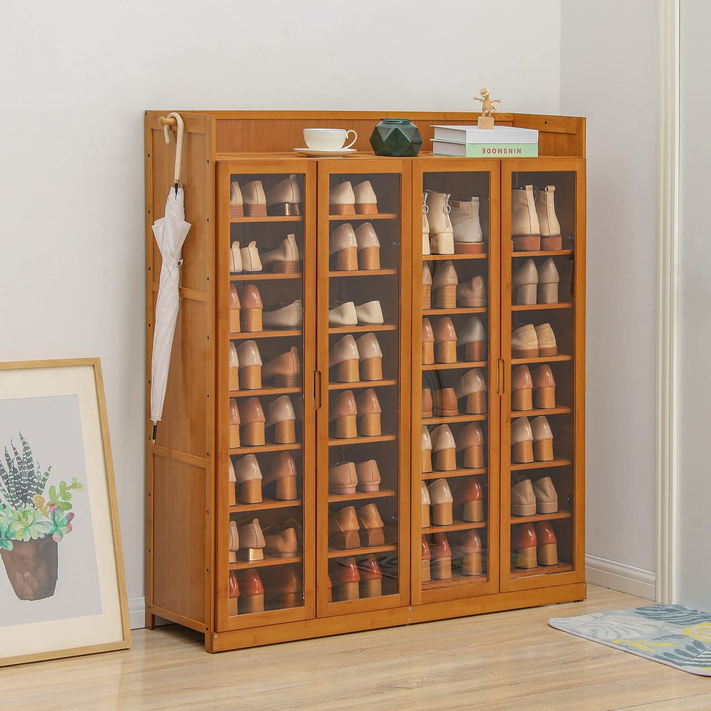 MoNiBloom Shoe Cabinet with Acrylic Doors, 9 Tier Bamboo Free Standing Shoe Shelf Storage Organizer with Side Hooks for 41-45 Pairs Home Entryway, Brown - WoodArtSupply