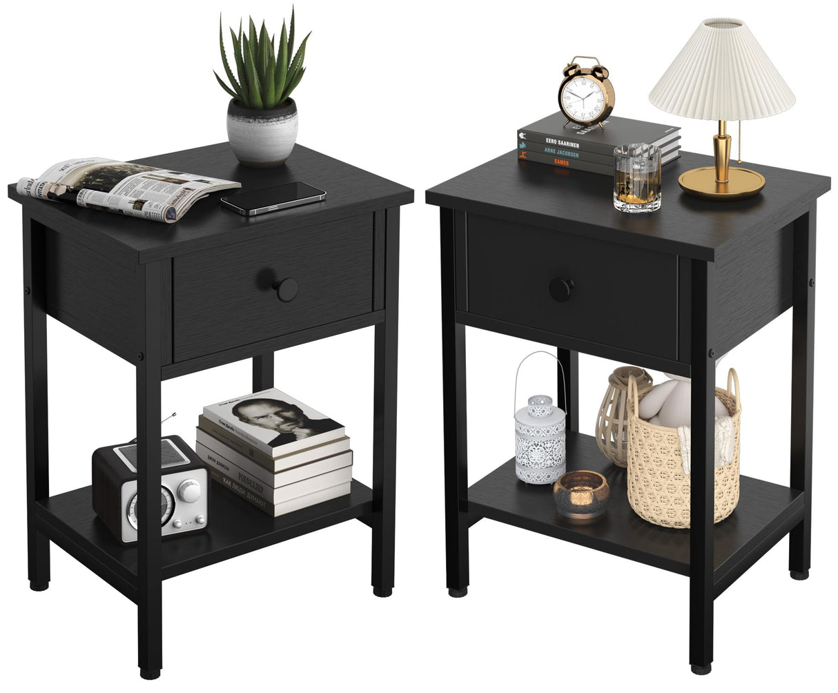 Nightstands Set of 2 with Drawers, Bedside Table Set of 2 with Storage Shelf, Heavy Duty End Side Table for Living Room Bedroom Small Space Sofa Couch, Wood Metal Night Stand, Easy to Assemble, Black CALERTAIN