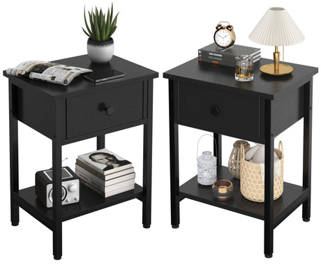 Nightstands Set of 2 with Drawers, Bedside Table Set of 2 with Storage Shelf, Heavy Duty End Side Table for Living Room Bedroom Small Space Sofa Couch, Wood Metal Night Stand, Easy to Assemble, Black CALERTAIN