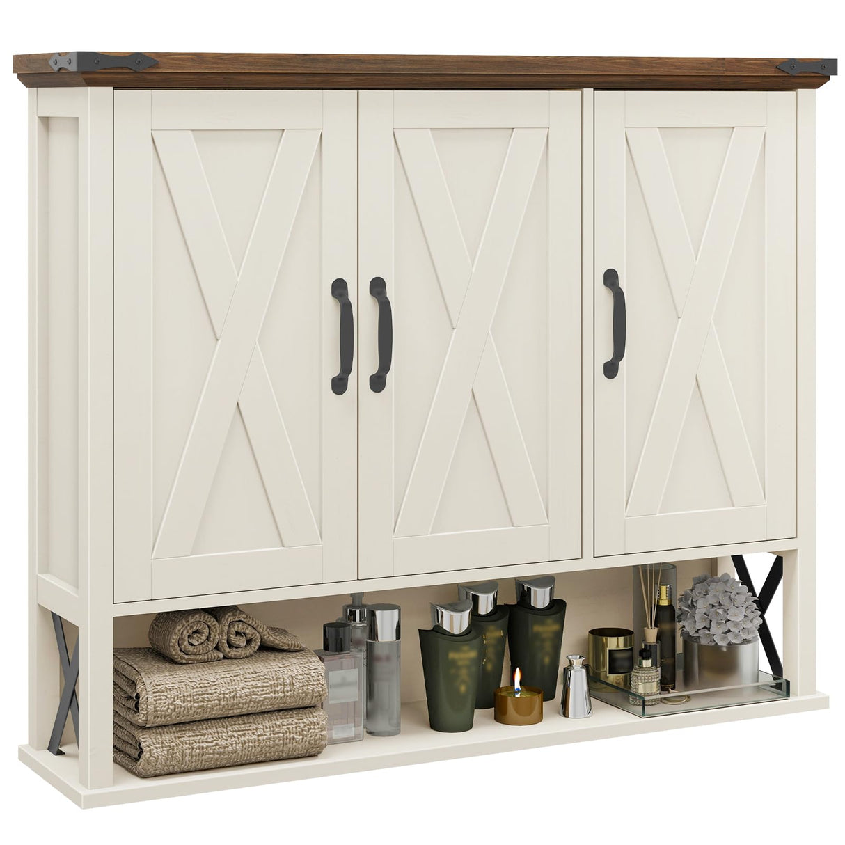 Halitaa Bathroom Wall Cabinet, Farmhouse Medicine Cabinet with Adjustable Wood Shelf & 3 Doors, Over The Toilet Storage Cabinet for Wall Mounted for Bathroom Laundry Room Kitchen, White and Brown Halitaa