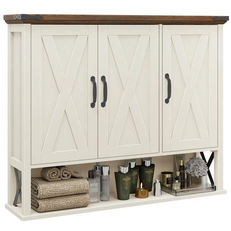 Halitaa Bathroom Wall Cabinet, Farmhouse Medicine Cabinet with Adjustable Wood Shelf & 3 Doors, Over The Toilet Storage Cabinet for Wall Mounted for Bathroom Laundry Room Kitchen, White and Brown Halitaa
