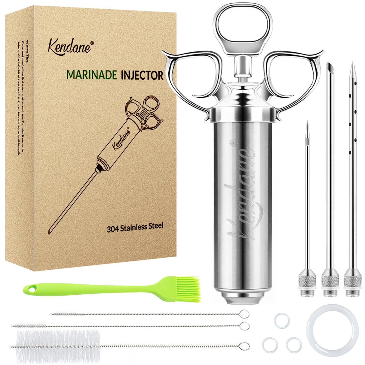Meat Injector Syringe 2-oz Marinade Flavor Barrel 304 Stainless Steel with 3 Marinade Needles for BBQ Grill Smoker, Turkey, Fish, Brisket, Paper Silicone Brush and Instruction Included by Kendane Kendane