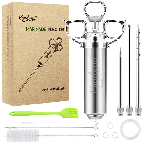 Meat Injector Syringe 2-oz Marinade Flavor Barrel 304 Stainless Steel with 3 Marinade Needles for BBQ Grill Smoker, Turkey, Fish, Brisket, Paper Silicone Brush and Instruction Included by Kendane Kendane