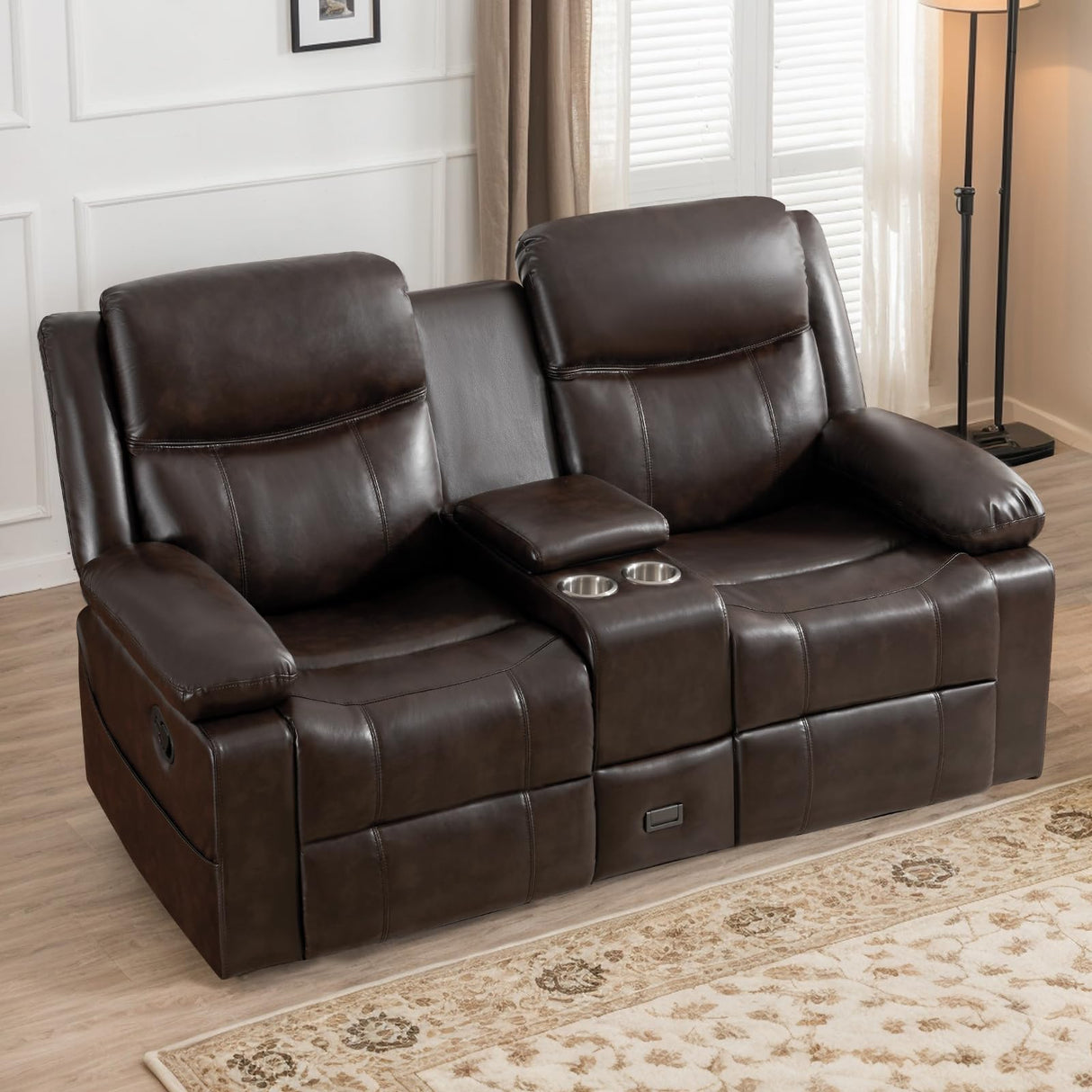RIHEREFY Loveseat Recliner Sofa with Massage & Heating, Reclining Loveseat with Console, RV Wall Hugger Double Loveseat Recliner Couch for Living Room & Home Theater (Brown) RIHEREFY