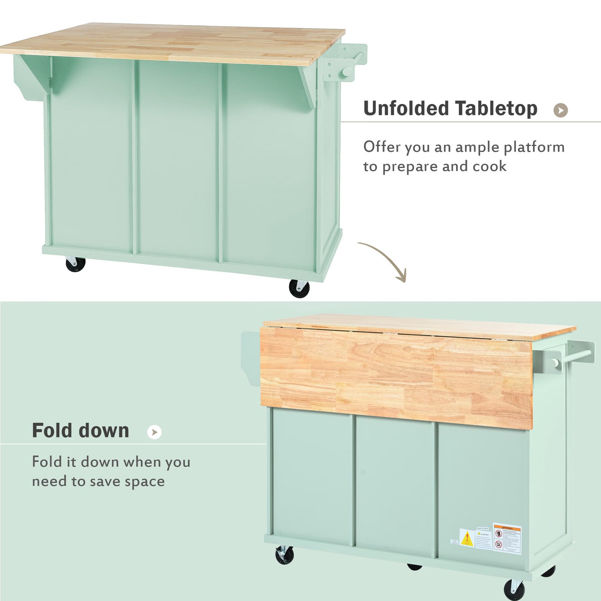 Merax Kitchen Cart Island with Drop-Leaf Countertop on 5 Wheels, Cabinet Door Internal Storage Racks for Dinning Room, Mint Green Merax