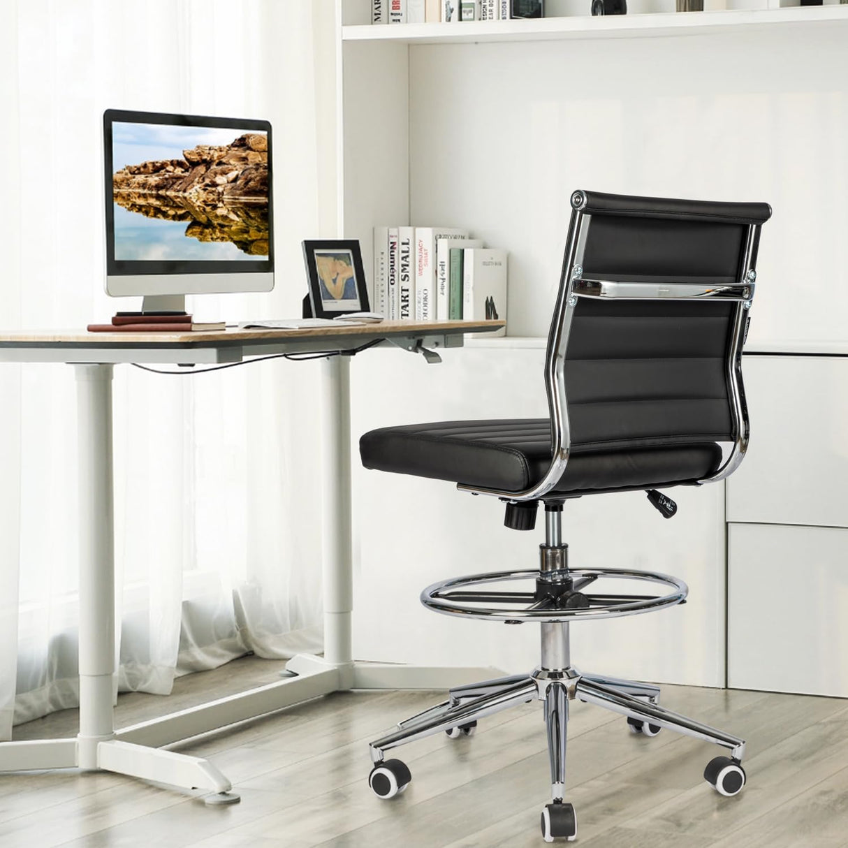 LUCKWIND Drafting Chair Tall Office Chair Ribbed - Mid-Back PU Leather Standing Desk Stool with Adjustable Foot Ring Wide Seat Tilt-Tension Rocker Lumbar Support Swivel Rolling 400lbs, Black LUCKWIND