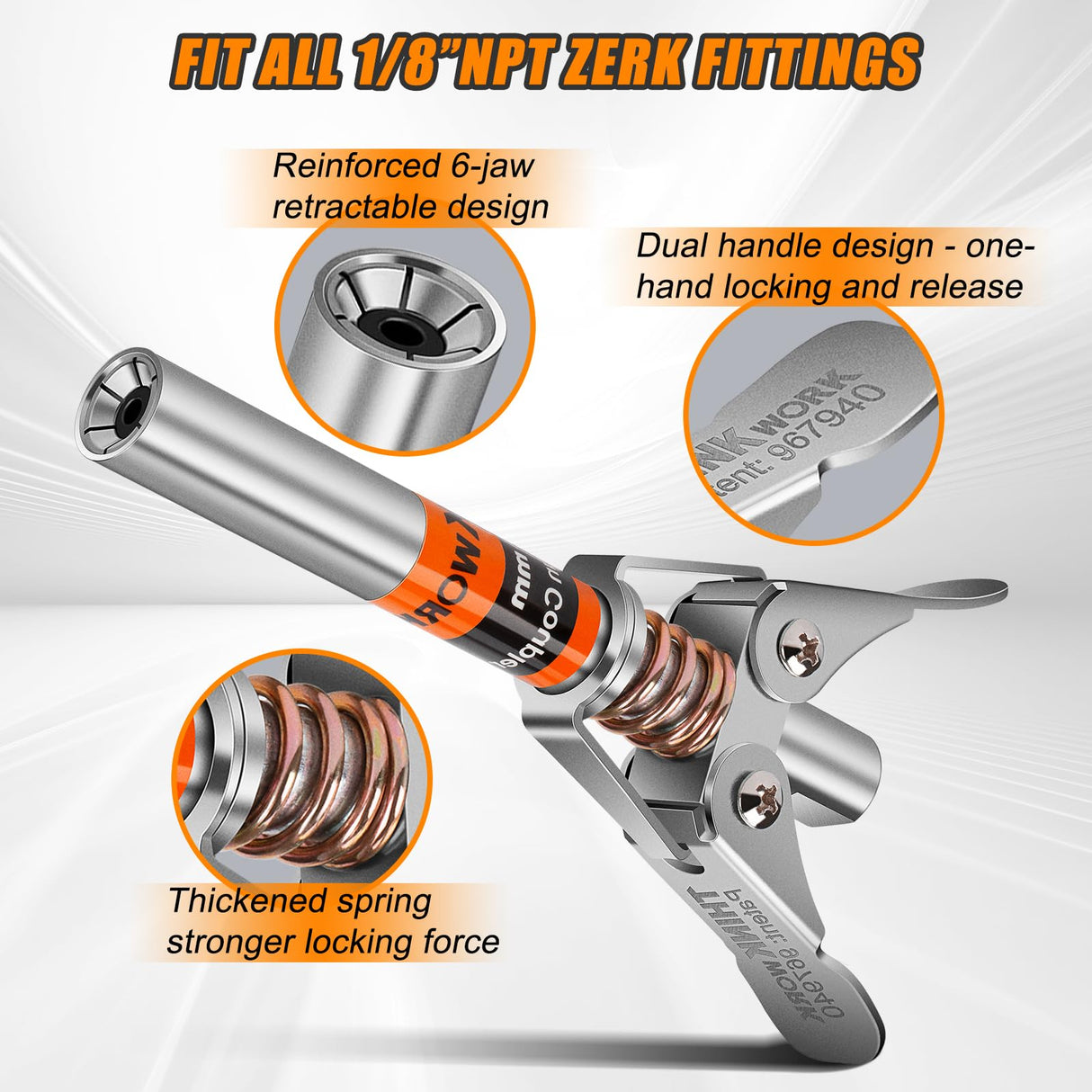 THINKWORK Grease Gun Coupler Set, Double Handle Extra Reach Strong Lock on Greases Gun Couplers with 90°Grease Coupler Adaptor, 12000 PSI Compatible with All Grease Guns 1/8" NPT Grease Gun Fitting THINKWORK