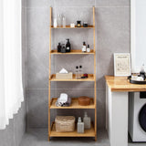 Tangkula 5-Tier Ladder Shelf Bookcase, Bamboo 72”H Wall-Leaning Bookshelf with Baffles and Anti-Tipping Kits, Plant Stand for Living Room Bathroom Home Office Decor, Ladder Bookshelf, Natural Tangkula