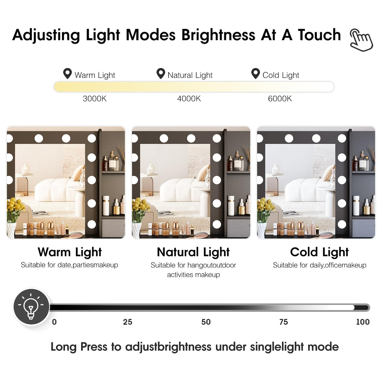 Vabches Makeup Vanity with Lights, 37inch Vanity Desk, 4 Large Drawers Dresser with Lighted Mirror, 3 Lighting Modes Brightness Adjustable, Black Vabches