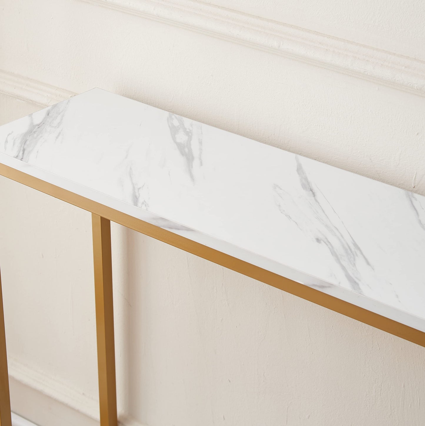 loglus Console Table for Entryway, Faux Marble MDF Sofa Table with Golden Frame (Double Layer, White Marble) - WoodArtSupply